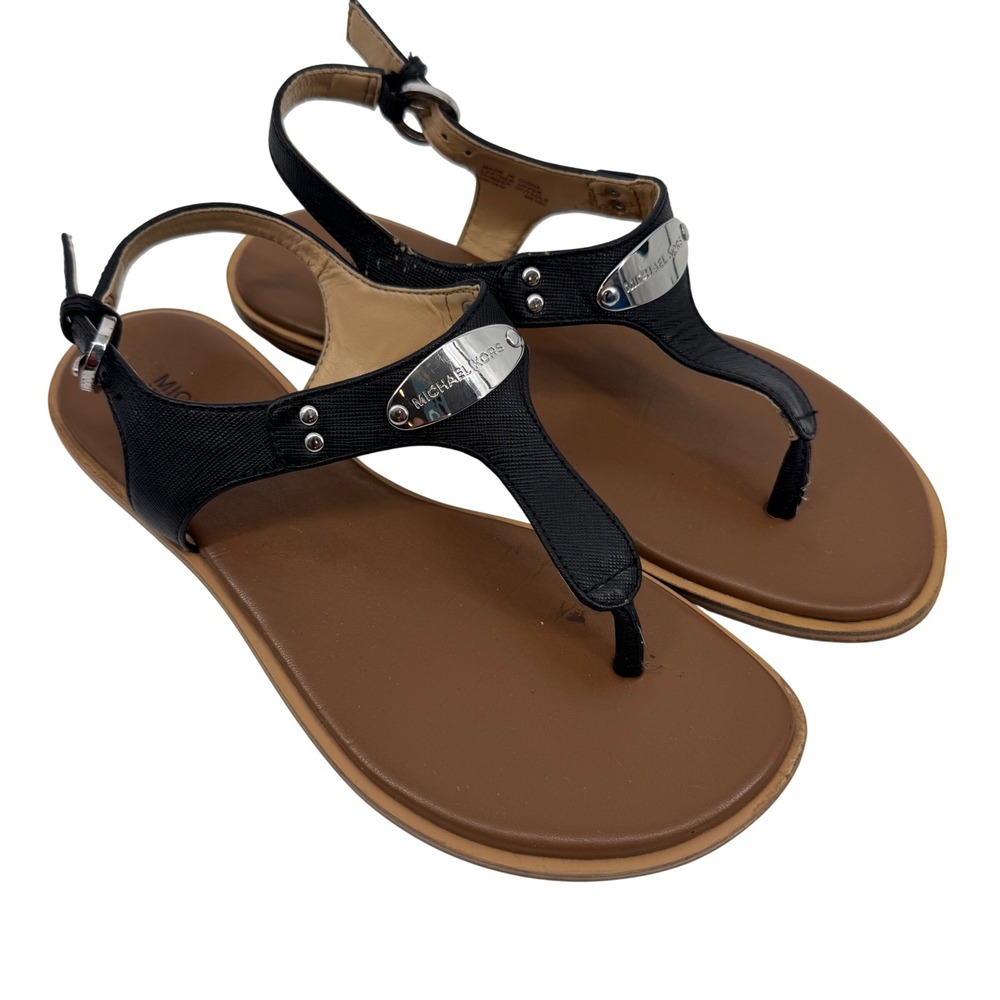 Michael Kors Women's MK Plate Logo Thong Flat Sandal‎ Black Leather Size 6